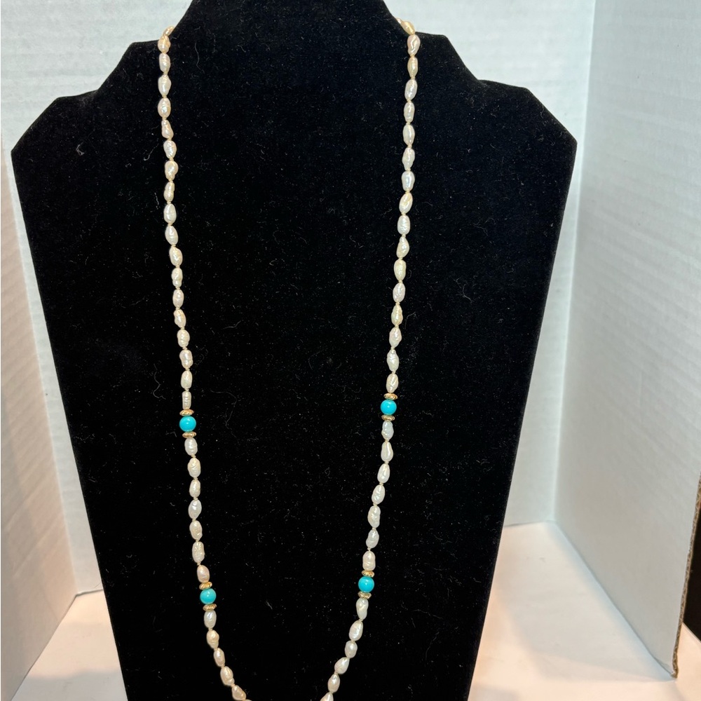 Freshwater pearl 24 inch necklace 10 K gold, clasp and turquoise bead